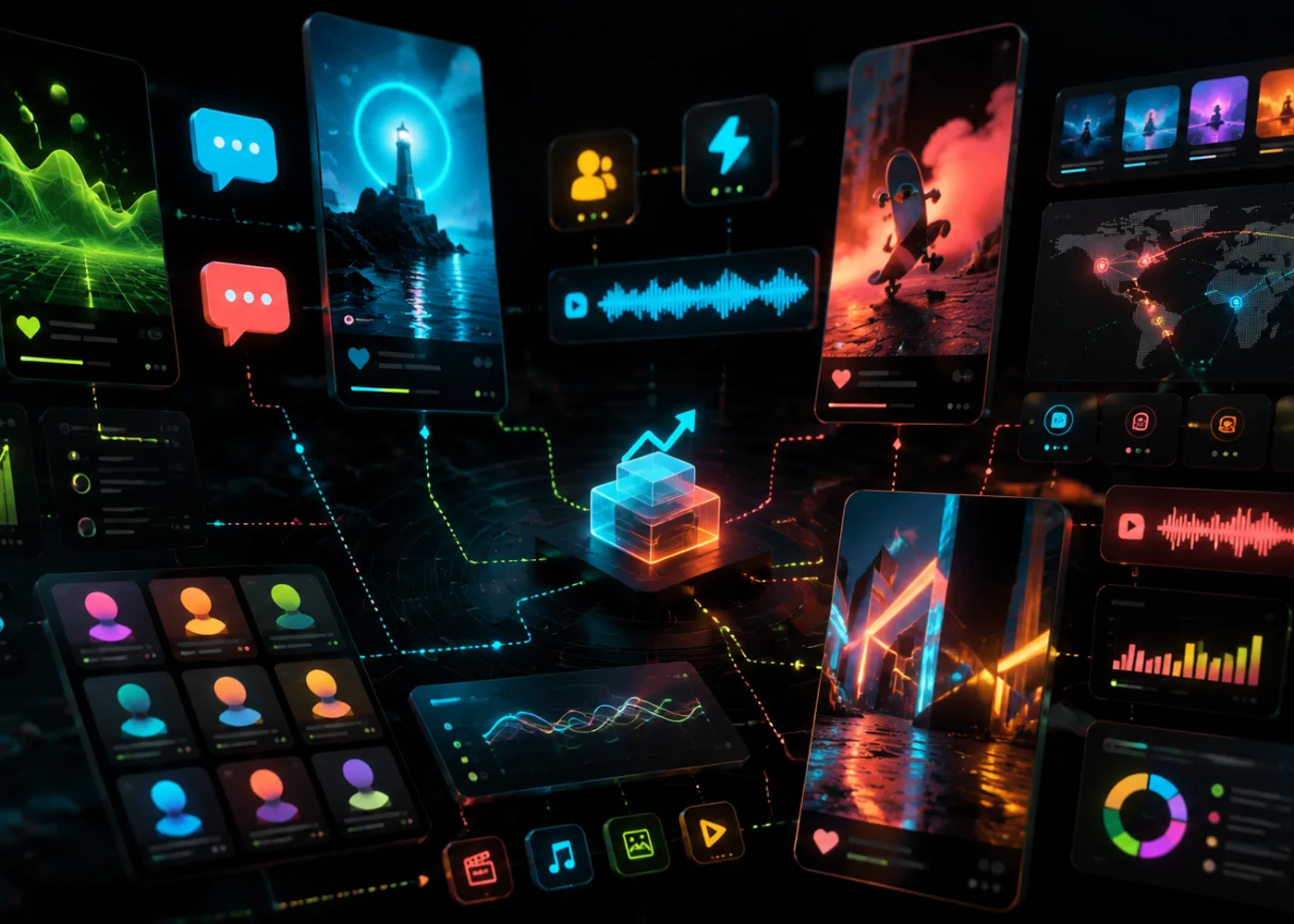 Creator campaign wall with AI character chats, story cards, and social publishing panels